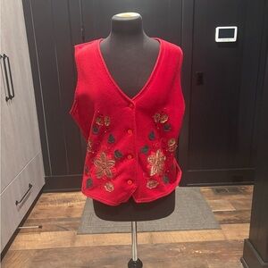 Vintage Carolyn Taylor Embroidered Vest – Red Floral Button Front – Size Large